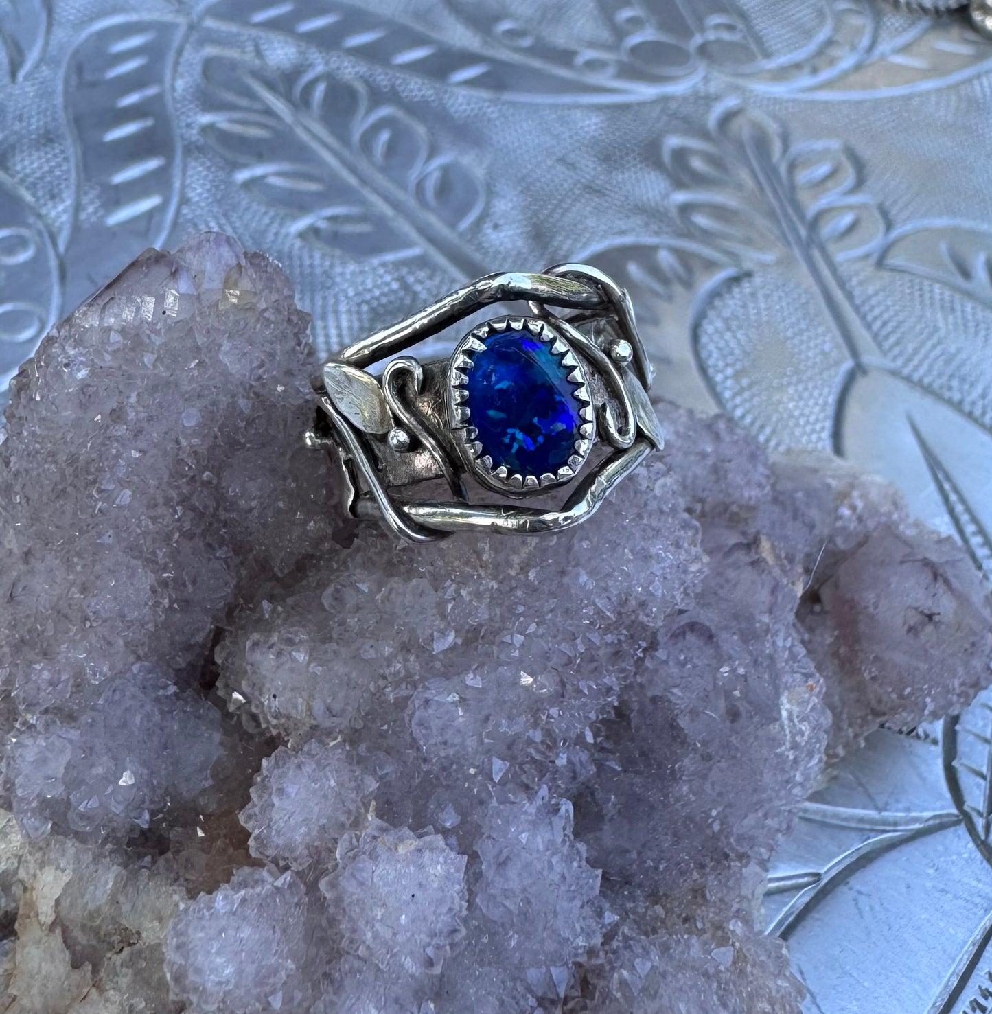 Deep blue Australian opal ring